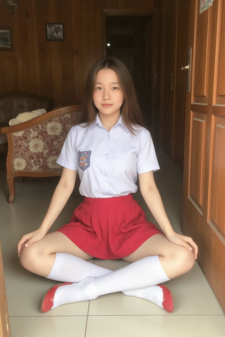 The image shows a teen girl with long hair. She is sitting on a floor with legs spread revealing her white cute underwear...
