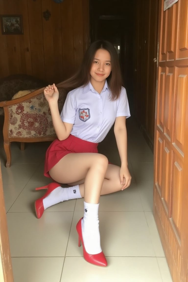 The image shows a teen girl with long hair. She is sitting on a floor with spread legs revealing slight her white cute und...