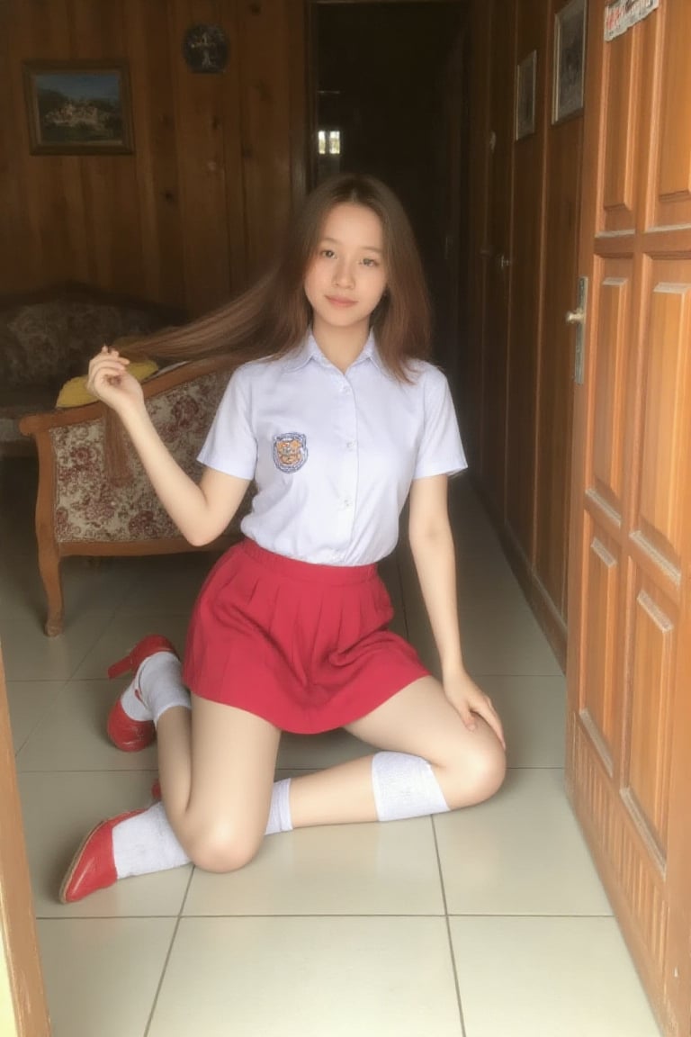 The image shows a teen girl with long hair. She is sitting on a floor with legs spread revealing her white cute underwear...