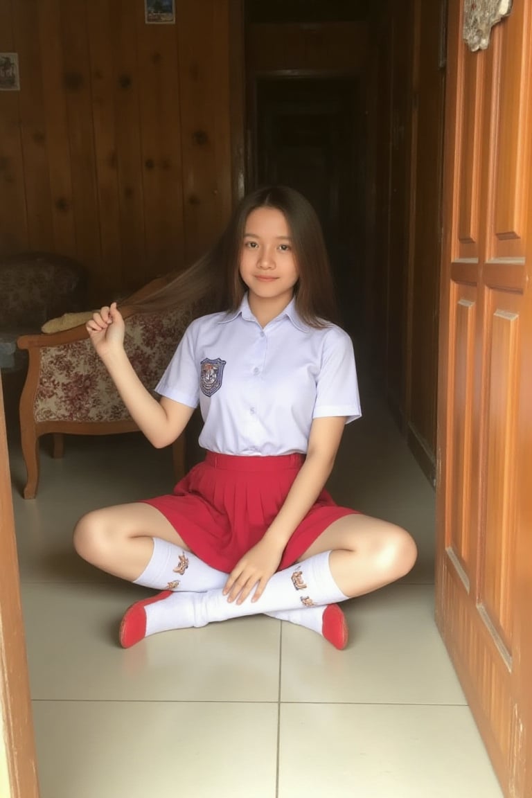 The image shows a teen girl with long hair. She is sitting on a floor with spread legs revealing slight her white cute und...