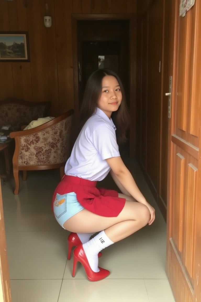 The image shows a teen girl squatting with a stable wide stance revealing slight her light blue panties in a room with woo...