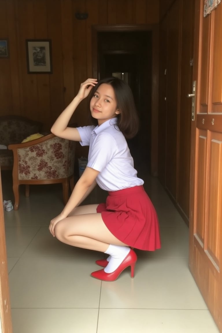 The image shows a teen girl squatting with a stable wide stance revealing slight her light blue panties ,  one arm playing...