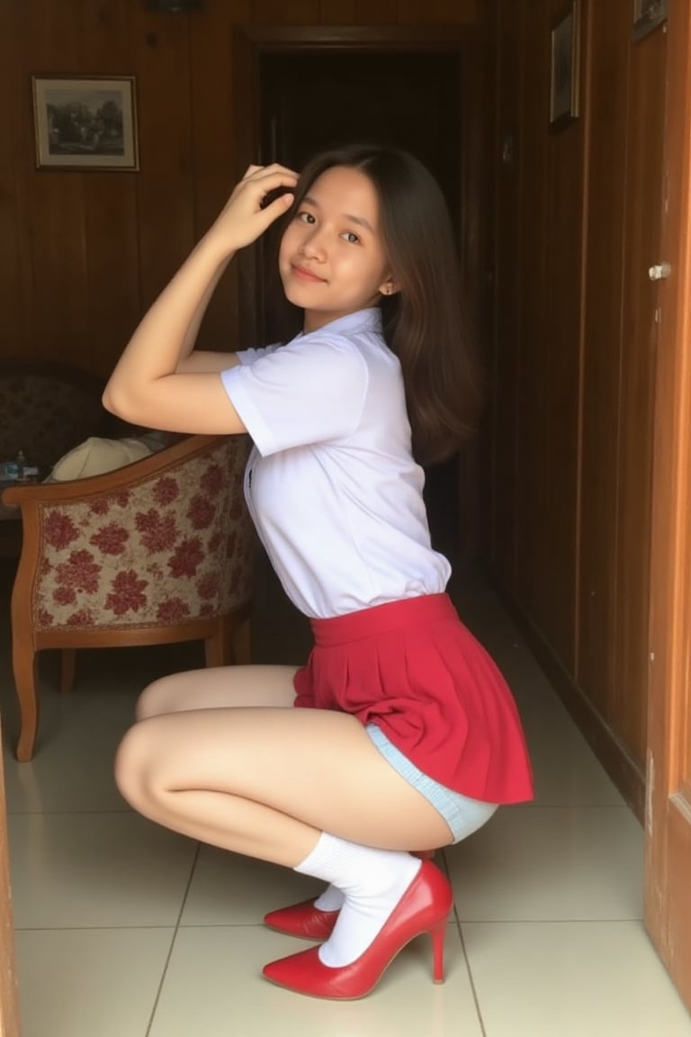 The image shows a teen girl squatting with a stable wide stance revealing slight her light blue panties ,  one arm playing...