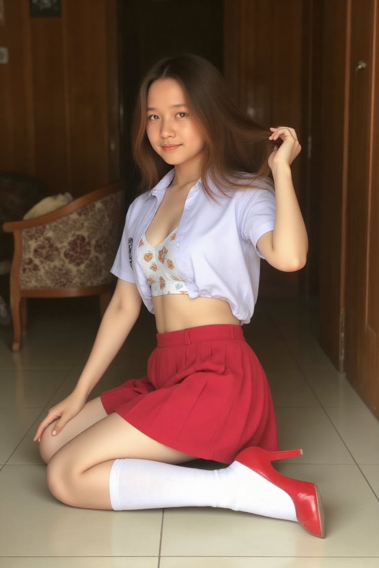 The image shows a teen girl with long hair. She is sitting on a floor with a stable wide stance revealing slight her white...