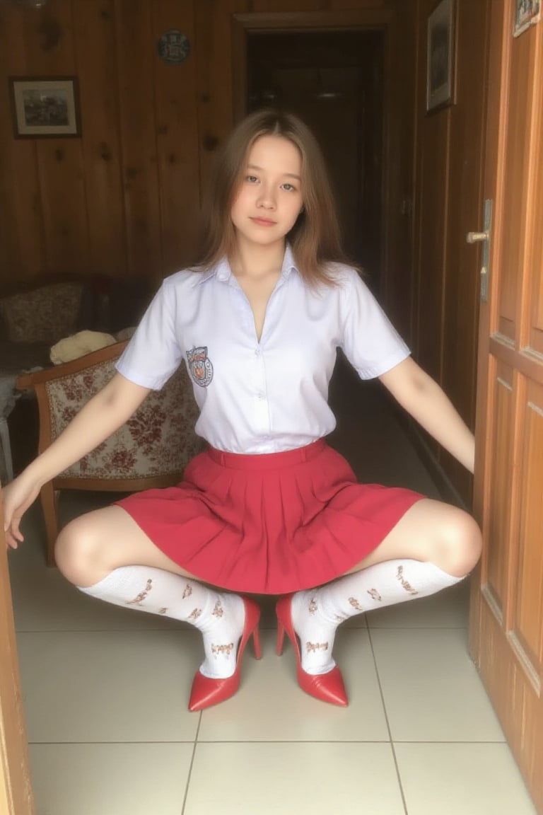 The image shows a teen girl with long hair. She is squatting with legs spread revealing her white panties with little bear...