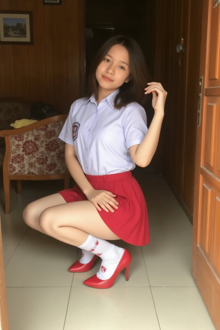 The image shows a teen girl squatting with a stable wide stance revealing slight her white cute panties wite little bear p...