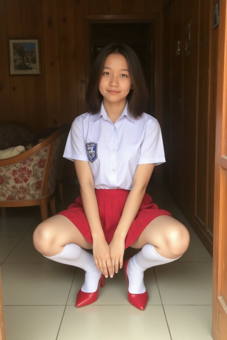 The image shows a teen girl squatting with a stable wide stance revealing slight her light blue panties in a room with woo...