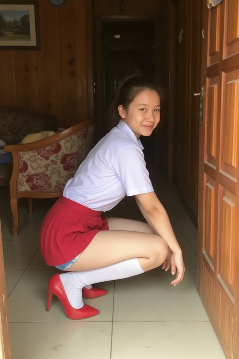 The image shows a teen girl squating and spread legs revealing her blue panties in a room with wooden walls and a tiled fl...