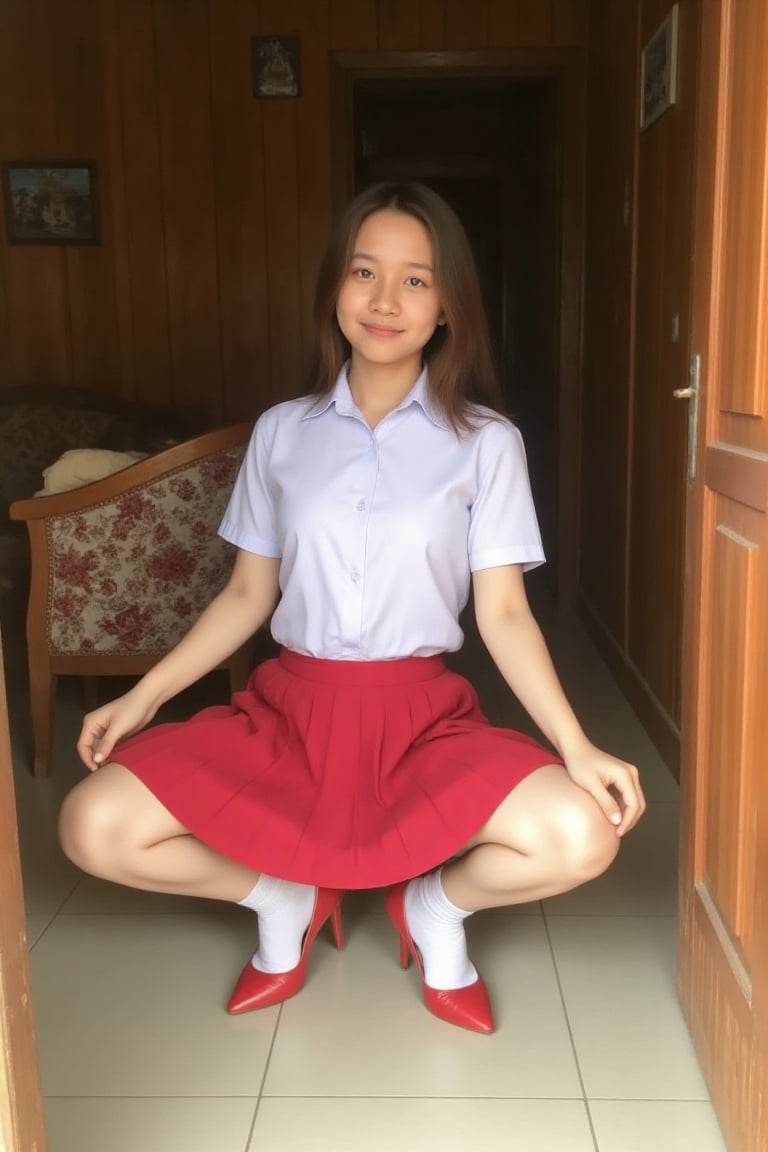 The image shows a teen girl with long hair. She is squatting with legs spread revealing her white panties,  one hand holdi...