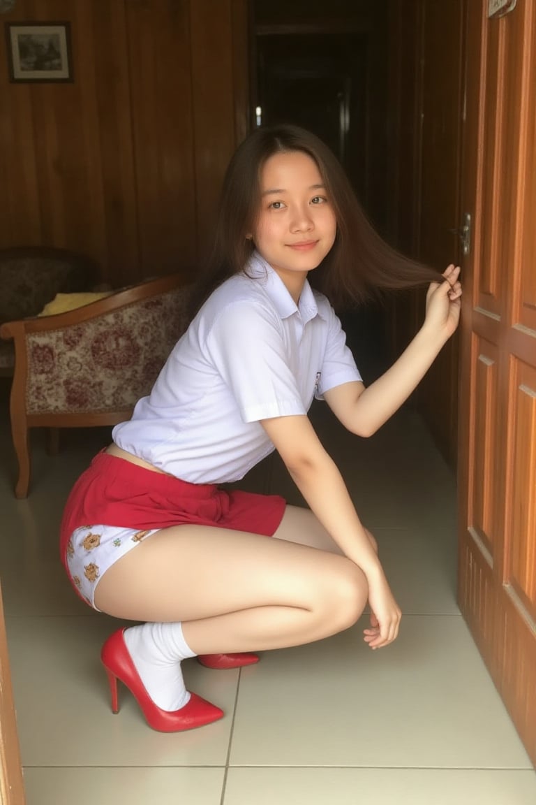 The image shows a teen girl with long hair squatting with a stable wide stance revealing slight her white cute panties wit...