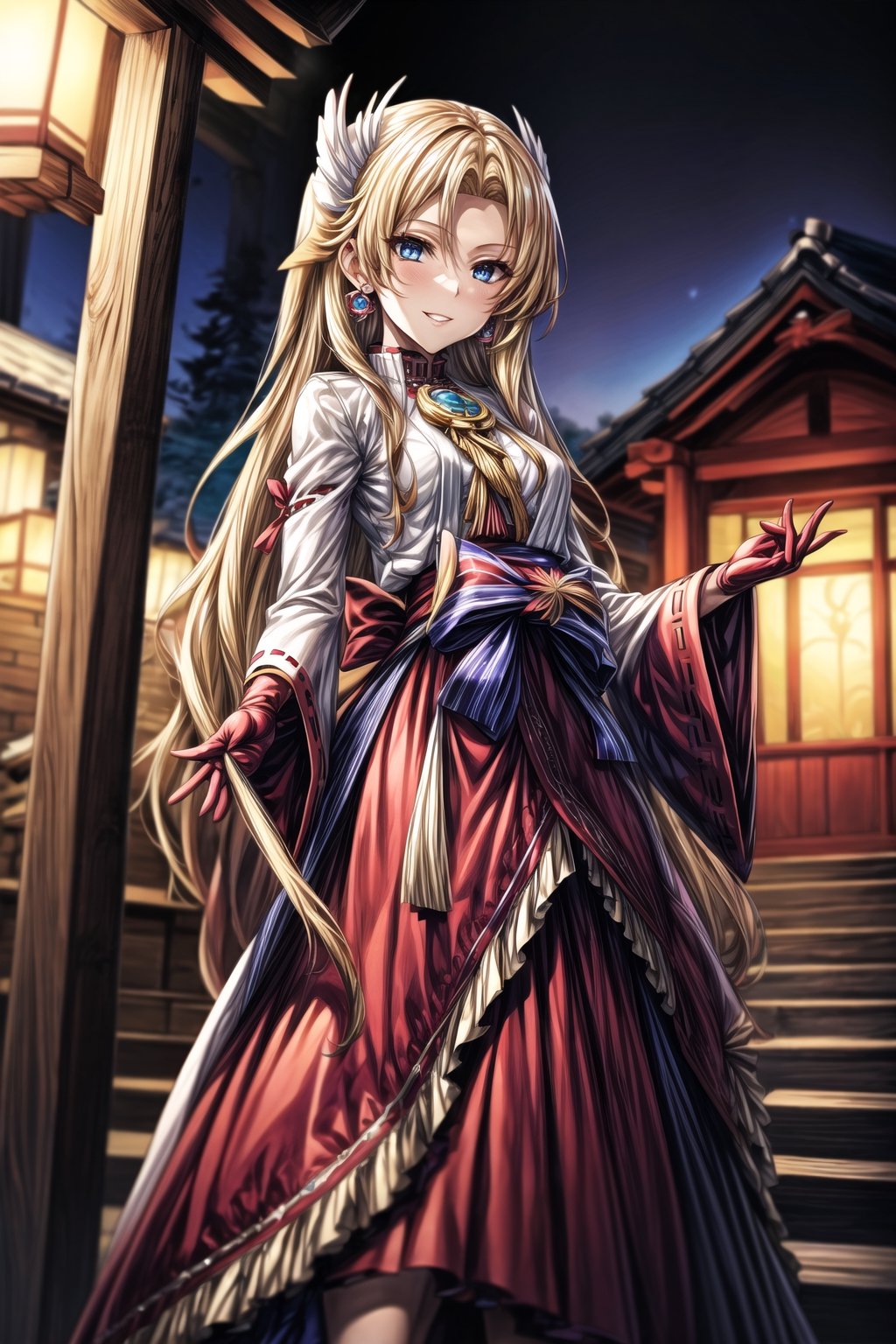 ((best quality)),  ((highly detailed)),  masterpiece,  ((official art)), ultra-detailed,1girl, night, solo, standing, smile, looking at viewer,  shrine_maiden, jewelry, earrings, gloves, miko, parted lips, long sleeves, lips, evil smile, evil girl, crazy, long hair,masterpiece,edgGesugao, blond_hair, long_blond_hair, miko, shrine_maidenAlfin Reise Arnor, blonde hair, blue eyes, small breasts, hair ornament, wing ornament, red dress