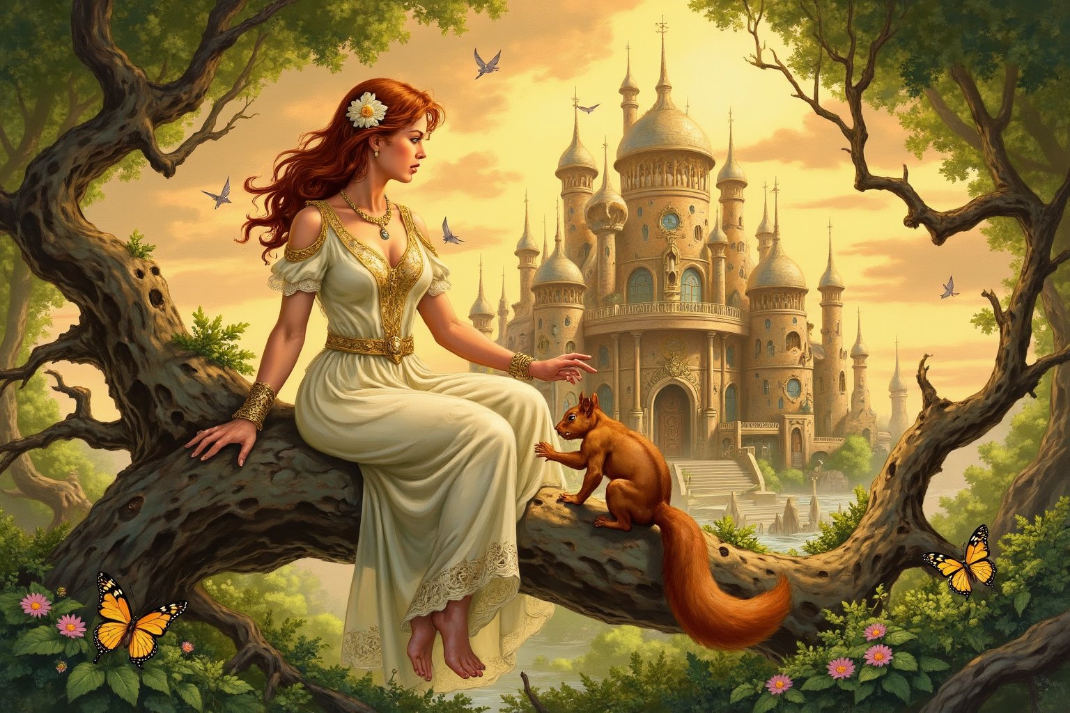 RetroSci style. Fantasy. A vibrant illustration depicting a serene, fantastical scene. The central figure is a young woman with fair skin and long, auburn hair adorned with a white flower. She is dressed in an elegant, flowing white gown with intricate golden embroidery and a sheer, lace-like skirt. Her gown is adorned with golden jewelry, including a necklace and bracelets, adding a touch of regality to her appearance. She is seated on a large, gnarled tree branch, with her left arm resting on the branch and her right hand gently touching a squirrel, which is perched on her knee. The squirrel has a reddish-brown fur coat and is engaged in a playful manner, adding a touch of whimsy to the scene. The background features a grand, ornate castle with multiple domed towers and intricate architectural details, suggesting a fantasy or medieval setting. The castle is bathed in golden sunlight, creating a warm, ethereal glow that contrasts with the lush greenery surrounding the scene. Various butterflies and small birds are scattered throughout the image, adding to the sense of tranquility and magic. The overall style of the illustration is highly detailed and realistic, with a touch of fantasy and fairytale charm.