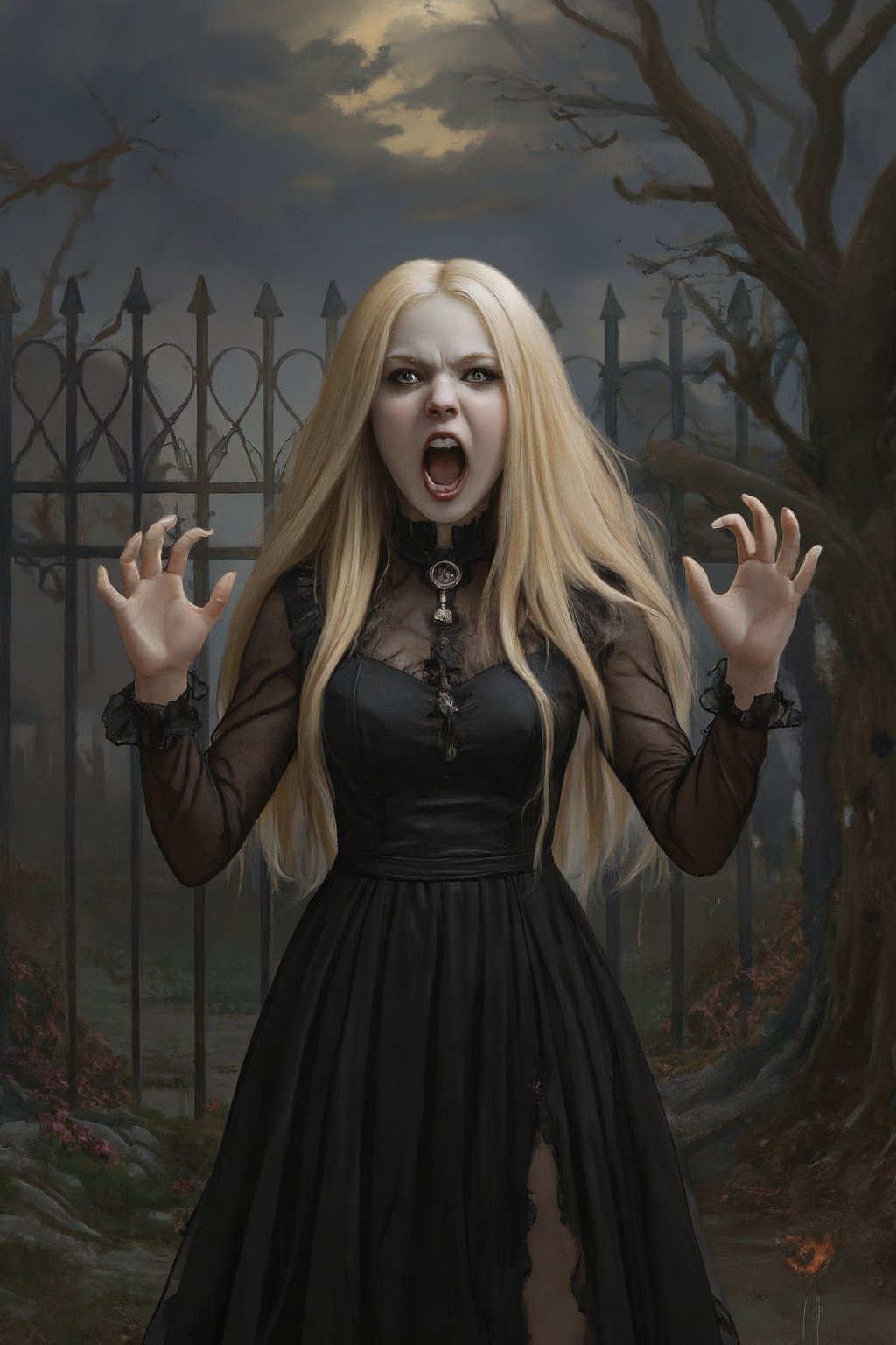 RetroSci style. A 13 year old girl dressed in a gothic outfit, styled to evoke a vampire theme. She has pale skin and long, straight, blonde hair that cascades over her shoulders. Her eyes are wide open and have a sinister, piercing gaze, with her mouth open in a snarl, revealing sharp fangs. She is wearing a black, long-sleeved dress with a high collar and ruffled edges, adding to the Gothic aesthetic. Around her neck is a necklace with a circular pendant. Her hands are raised in a claw-like manner, with her fingers bent and pointed towards the viewer, adding to the menacing appearance. The background is dark and foreboding, with a wrought-iron fence partially visible, suggesting a cemetery or graveyard setting. The fence is adorned with decorative, pointed tops. The sky behind is a dark, ominous gray, with wisps of clouds and a hint of moonlight, enhancing the eerie atmosphere. The overall color palette of the image is dark, with shades of black, gray, and white, emphasizing the dramatic and spooky nature of the scene. The textures are smooth and polished, with the girl's skin appearing glossy, and the dress fabric looking soft and flowing.