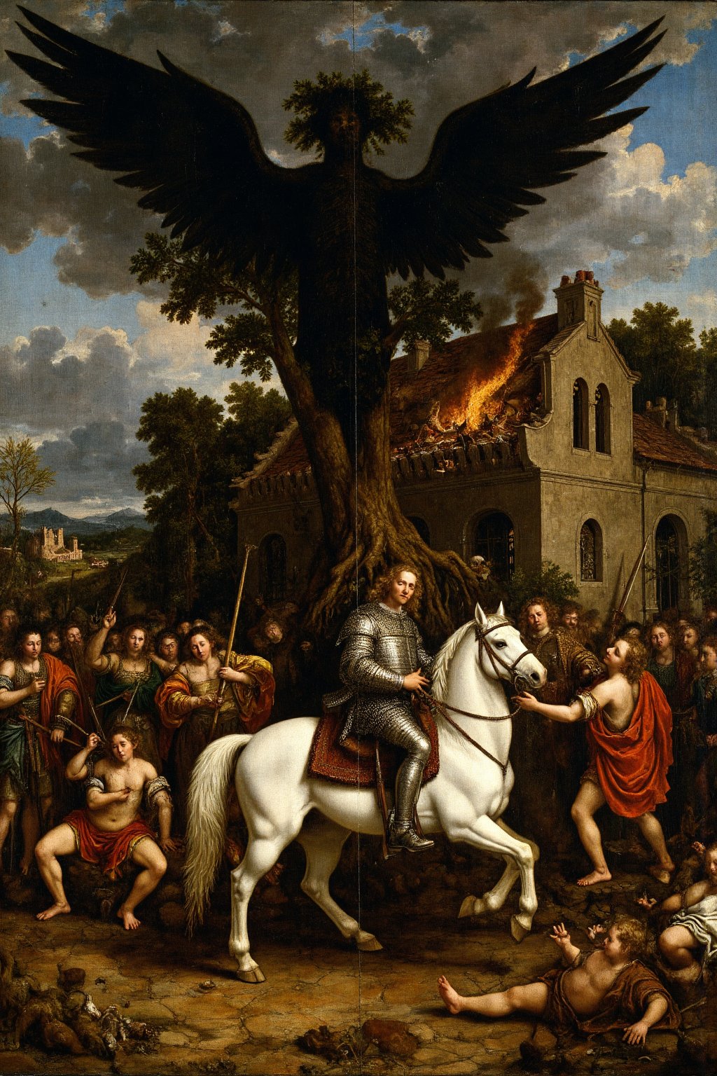 Oil painting. Use Chiaroscuro technique. As the army of god rode in they were met with a grim scene. Their commander in the foreground on his white horse, wearing his silver armor sword in his hand - stopped as in frozen in time. His facial expression shock and sadness. The dark shadow of the fallen angel falls on the remnants of the now ruined quaint village. Its people, massacred by the demons and their bloodlust, laying dead on the street. A few still alive, subdued and desperately crying for their dead loved ones. The big tree of life in the village center burning, casting a fiery glow on the scene. 16th century. Use brushstrokes which are energetic, with flowing, curvaceous lines. There are layers of glaze to achieve a rich, polished surface and vibrant flesh tones. The composition is dramatic and dynamic, with complex, intertwined figures in motion. There is movement and the painting feels alive and active. Use a palette with warm, rich tones dominated by reds, flesh colors, and golds, with contrasting cool blues and greens. The colors are lush and saturated.