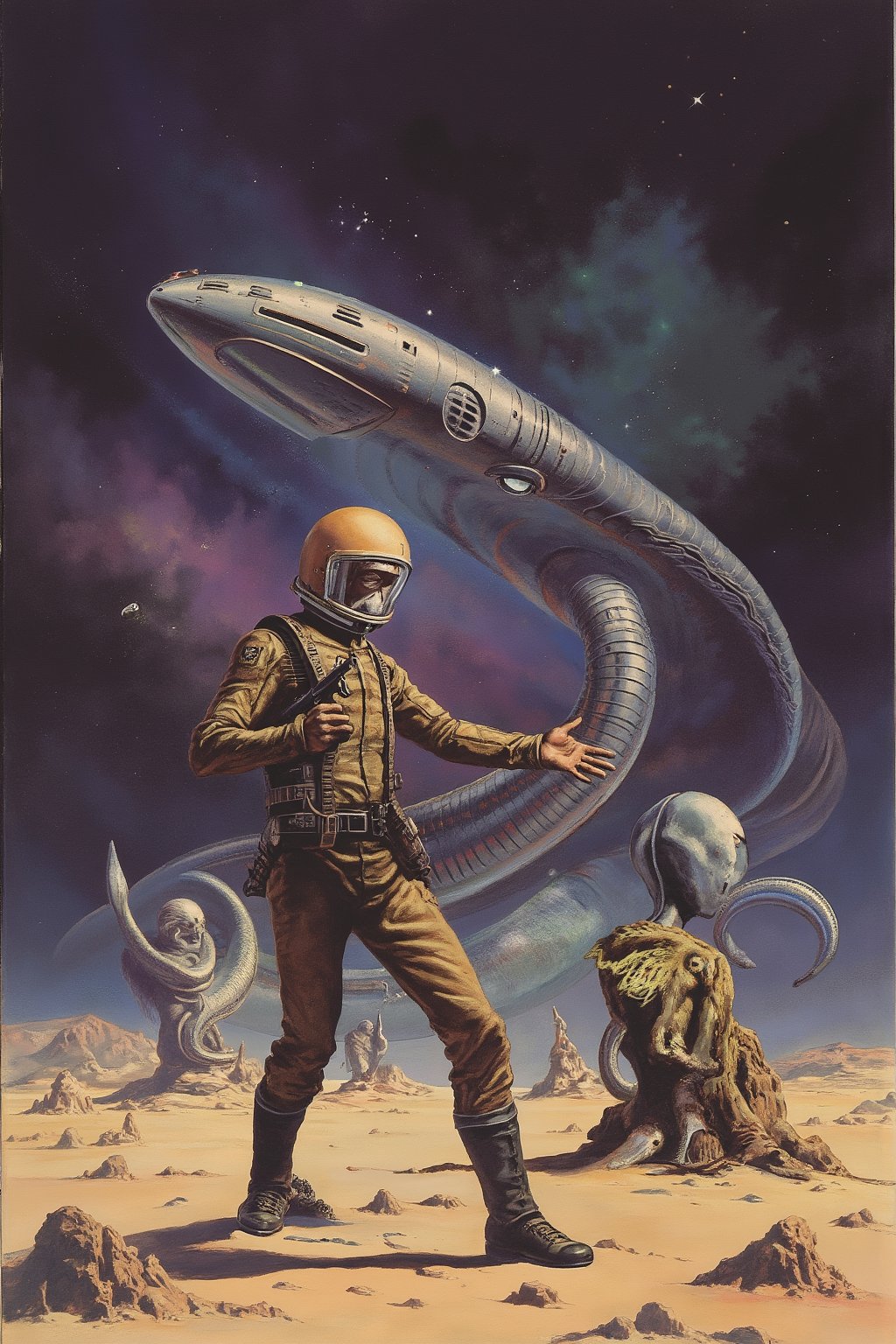 RetroSci style. A book cover, the title is placed on the top: “Stars and Serpents” in a white science fiction font. At the bottom is the author's name "Heinlein" in a smaller font. The foreground features a rugged space explorer in a sleek, utilitarian spacesuit with Heinlein’s signature helmet design – a clear, dome-shaped visor. His confident stance is set against a barren alien landscape filled with towering, curling alien structures resembling serpentine creatures made of metallic scales. In one hand, the protagonist holds a blaster, while in the other, an ancient, glowing artifact that pulses with strange energy. Above him, a colossal serpent-like spaceship with glistening scales weaves through space, its vast size almost overwhelming the distant stars. The ship’s trail cuts through a vibrant nebula of deep purples, greens, and blues, casting light over the planet’s surface. The midground features a mysterious figure—vaguely humanoid, but clearly alien—watching the explorer from behind a jagged rock, its eyes glowing in the darkness. The colors are intense and dynamic, with a deep space palette of purples, blues, and silvers contrasting with the alien planet’s pale desert hues. The painting uses sharp angles and bold outlines.