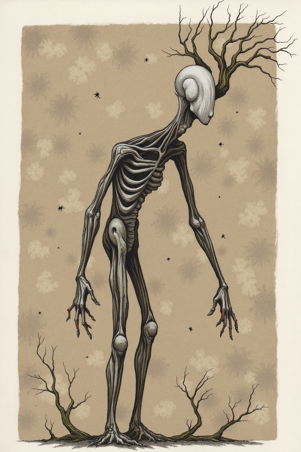 This is a drawing with a surreal, haunting style. The central figure is a humanoid figure with a distorted, elongated body and a head that is disproportionately large. The head is bald and has a smooth, featureless surface, giving it a lifeless appearance. The figure's body is thin and tapering, with long, thin limbs and an exaggerated, elongated neck. The limbs are almost skeletal, with a network of thin, branching veins or roots extending from the body, giving it a tree-like appearance. The texture of the figure's skin and limbs is rough and uneven, suggesting a decaying or organic quality. The background is a gradient of light to dark brown, with a series of dark spots and specks scattered throughout, enhancing the eerie atmosphere. The overall color palette is muted, with shades of brown, grey, and black dominating. The drawing style is highly detailed, with intricate line work and shading that creates depth and texture. The figure stands in a slightly forward leaning position, with its limbs and roots extending downward, creating a sense of movement and instability. The overall mood of the image is dark and foreboding, evoking a sense of dread and otherworldliness.