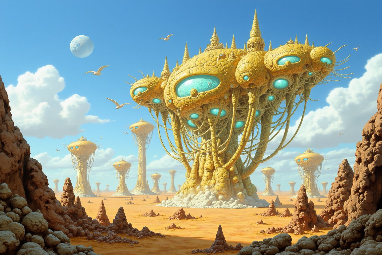 RetroSci style. A highly detailed artwork depicting a fantastical, alien landscape. The scene features a vast, arid desert with rugged, jagged rock formations in the foreground. The sky is a brilliant blue with fluffy, white clouds, and a small, distant planet is visible on the left side of the image. The central focus is a massive, floating city made of intricate, organic structures that resemble a mix of futuristic and organic architecture. The city is predominantly golden in color, with glowing, cyan-blue lights illuminating various parts of the structures, giving them a mystical, ethereal quality. The city is supported by numerous tall, thin columns that extend from the ground and disappear into the sky, creating a sense of weightlessness and grandeur. Several smaller, similar structures are scattered throughout the scene, adding to the sense of scale and complexity. Birds are seen flying in the distance, enhancing the sense of a vibrant, living environment. The overall style is highly realistic with a touch of surrealism, using detailed textures and lighting effects to create a vivid, immersive experience.