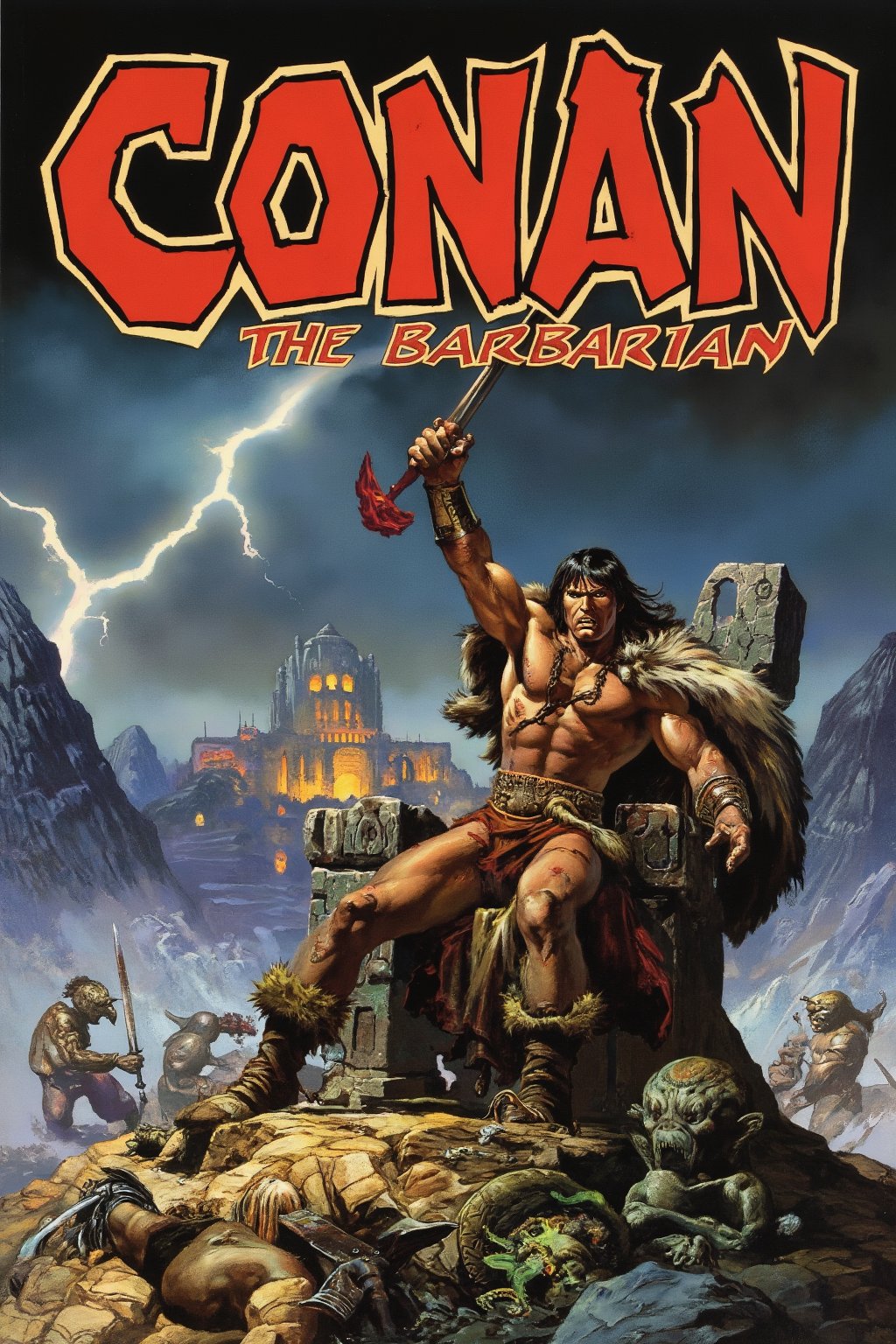 RetroSci style. A comic book cover. Conan, the mighty barbarian warrior, stands atop a crumbling stone throne, his muscular frame draped in a tattered fur cloak. His powerful hand grips a bloodstained sword, raised high against a stormy sky. Below him, defeated foes lie scattered across a rocky battlefield. In the background, dark mountains rise sharply, and a glowing, ancient fortress looms ominously. Lightning cracks in the distance, illuminating Conan’s fierce expression. His long hair blows wildly in the wind. Bold, red lettering spells out ‘Conan the Barbarian’ in a jagged, ancient script, with smaller text detailing the issue’s gripping stories.