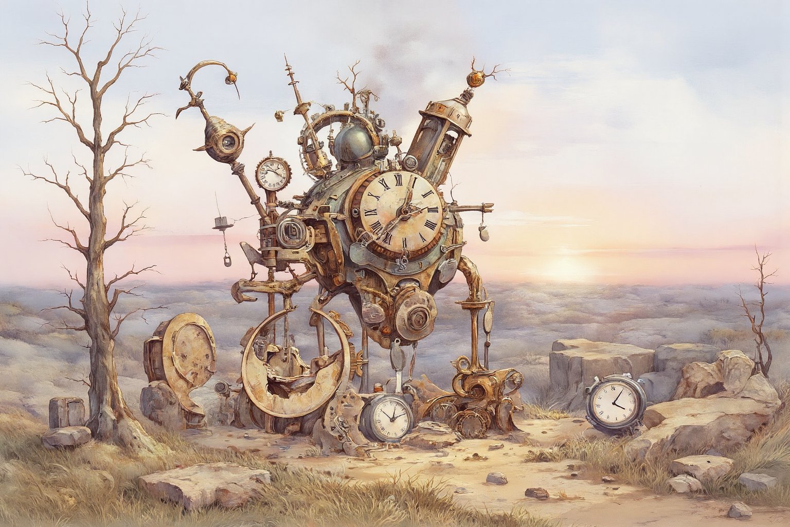 A whimsical Wcol style  illustration featuring a surreal, fantastical scene. At the center is a large, anthropomorphic, clock-like creature with a body resembling a clock face and mechanical parts. The creature's body is a combination of brown, beige, and metallic textures, with a mix of gears, cogs, and clock hands. The creature has a large, round head with two oversized, round eyes, and a mouth that resembles a clock face. It is perched on the ground, supported by four long, thin legs that resemble clock hands, and is surrounded by various clock and time-related objects. To the left, there is a tall, thin tree with a few branches, and to the right, the horizon is visible, with a gradient of sky colors transitioning from light blue to soft pink and orange hues. The ground is covered in grass and small, scattered rocks. In the foreground, there are several clocks of different sizes and styles, some with broken or missing hands, adding to the surreal and whimsical atmosphere of the scene. The overall color palette is muted, with earthy tones dominating, creating a dreamlike, slightly eerie ambiance. The style is detailed and highly imaginative, blending elements of surrealism and fantasy.