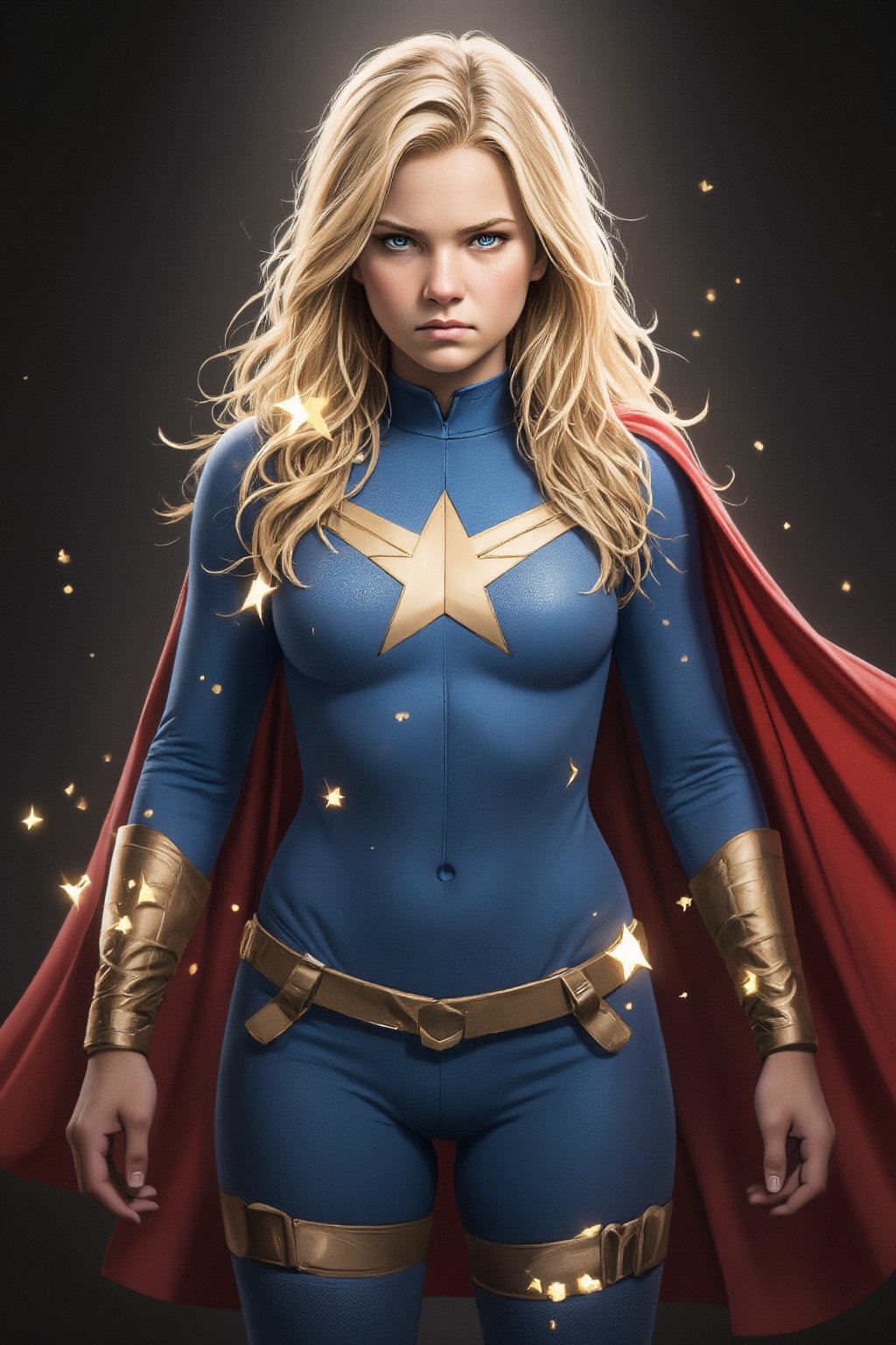 A highly detailed FrameForge style artwork depicting a 13 year old girl in a superhero costume. The subject has fair skin, long blonde hair that cascades over her shoulders, and striking blue eyes. Her expression is intense, with a slight frown and a determined look. She wears a form-fitting blue bodysuit with gold accents, including a prominent emblem on her chest, which resembles a stylized shield. Over her shoulders, she has a flowing red cape, adding a dramatic touch to her appearance. Her face is adorned with small, glowing, golden stars, giving her a mystical or cosmic aura. These stars are scattered around her face and arms, adding a sense of otherworldly power. The background is dark and blurry, with a subtle gradient from black to dark brown, creating a sense of depth and mystery. Small, glowing particles float around her, contributing to the ethereal atmosphere. The overall color palette is dominated by cool tones, with the exception of the bright red of her cape and the warm glow of the stars. The image conveys a sense of strength, heroism, and otherworldly power.