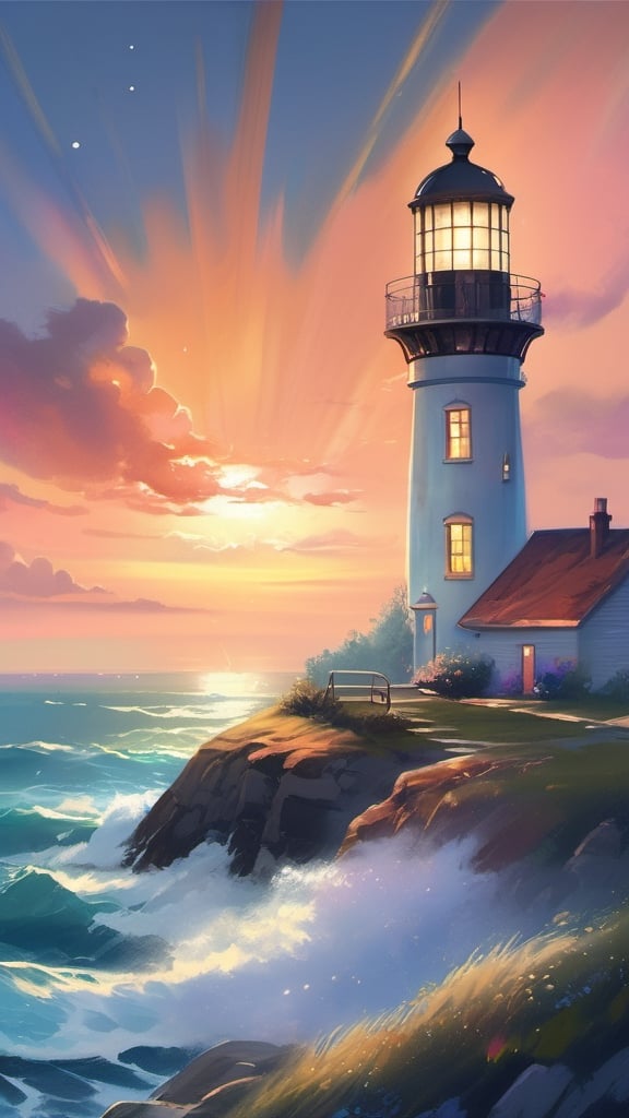 lighthouse, bright light, sharp contours, clean lines, romantic illustrations, wonderful tones, vibrant, detailed and dreamy atmospheric portraits, captivating color palette, surreal atmosphere, dreamlike scenes, ethereal atmosphere, Watercolor style, interactive, highly detailed image, oniric, clear view, no columns,oil painting