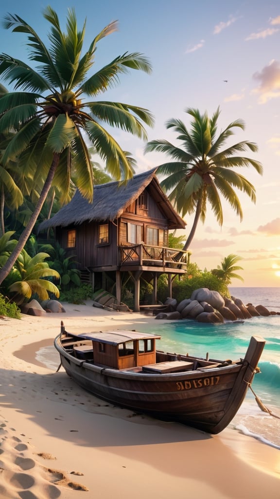 close up angle of, a serene tropical sandy beach, wavy wave, palm trees, beach vaggies, shall and plant, and boat, ((zoom focus on boat)), old simple rustic old wooden house, sunset background, detailed background, surrounded by jungle, insect, detailed focus, deep bokeh, beautiful, dark cosmic background. Visually delightful , 3D, more detail XL,chibi