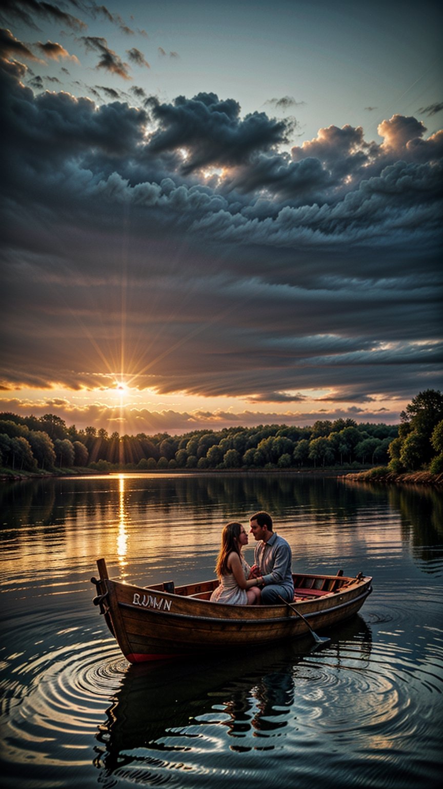 Beneath the soft glow of the moonlight, an couple on a traditional wooden boat floating along the serene river, the reflections on the water's surface shimmering like liquid silver, a sense of love fills the air, intricate details, capturing the ethereal beauty of the romantic lovely moment