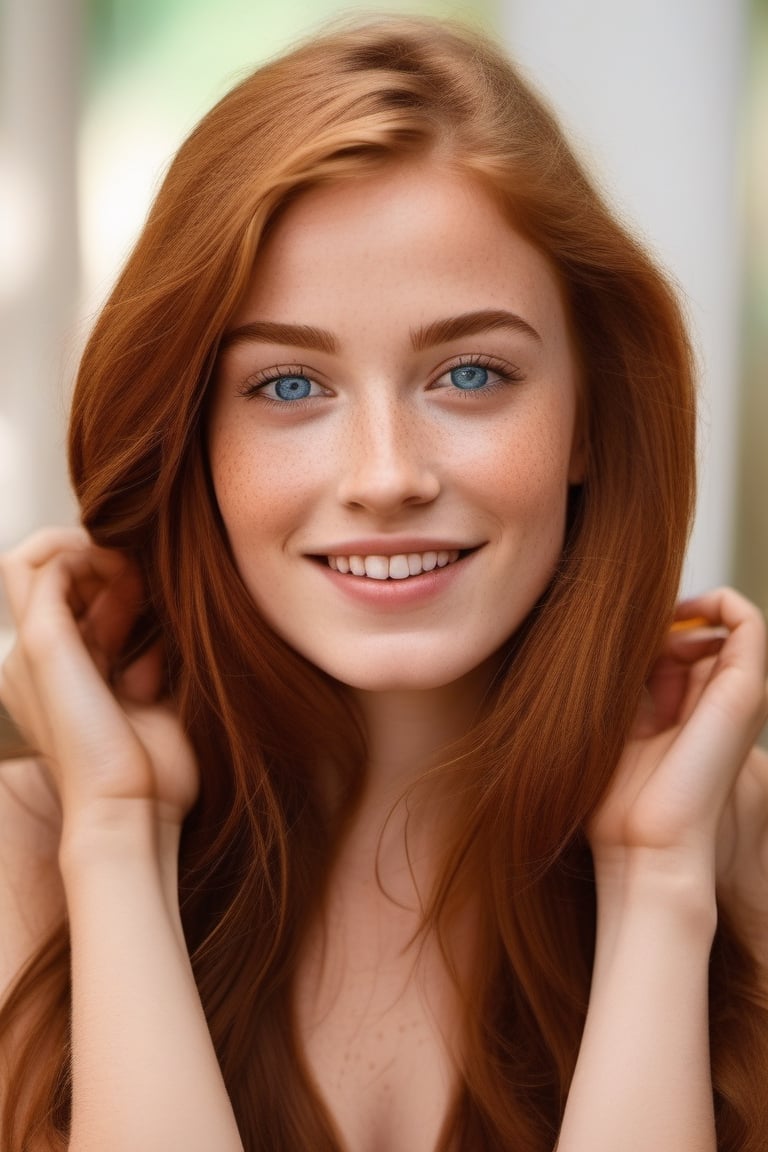 beautiful lady, (freckles), big smile, blue eyes, long hair, dark makeup, hyperdetailed photography, soft light, head and shoulders portrait, cover 