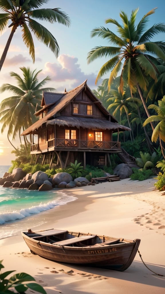 close up angle of, a serene tropical sandy beach, wavy wave, palm trees, beach vaggies, shall and plant, and boat, ((zoom focus on boat)), old simple rustic old wooden house, sunset background, detailed background, surrounded by jungle, insect, detailed focus, deep bokeh, beautiful, dark cosmic background. Visually delightful , 3D, more detail XL,chibi