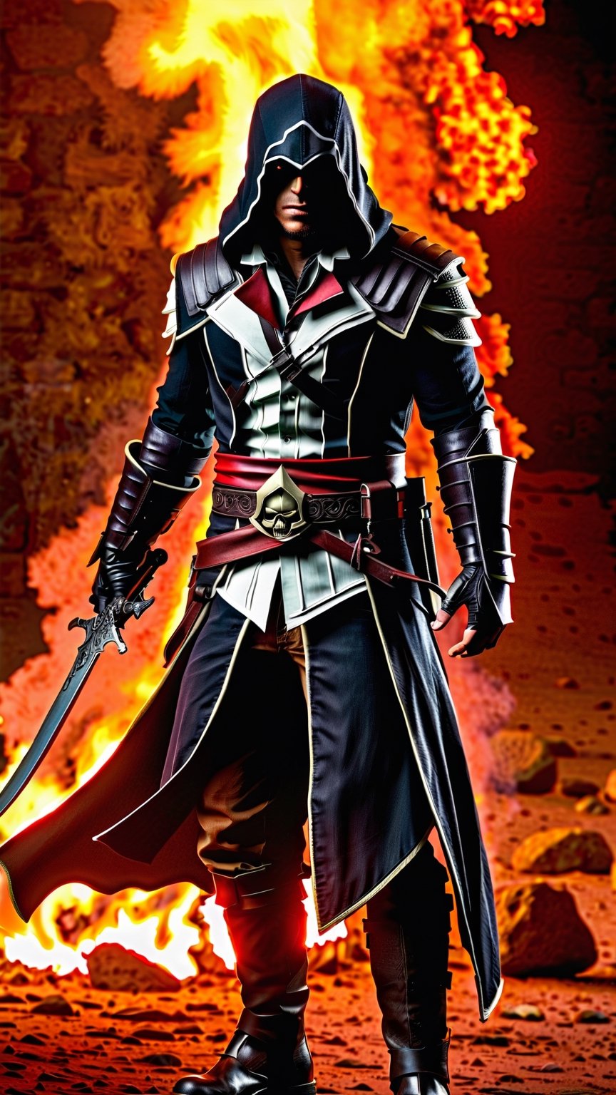 Masterpiece, best quality, ultra-detailed, best shadow), (detailed background), (beautiful detailed face, beautiful detailed eyes),1man, evil skull head with sharp teeth, black polo with three buttons and torn details, fist clenched, black-colored apparel, often in the form of long, two-tailed coats, black fingerless gloves, black military-style boots, fire-around, rocks, ruins, red-eyes, fire coming out of the eyes, eyes-glowing, ((assassins creed)), (full body), walking through the fire, fire around him,SAM YANG,3DMM,photorealistic