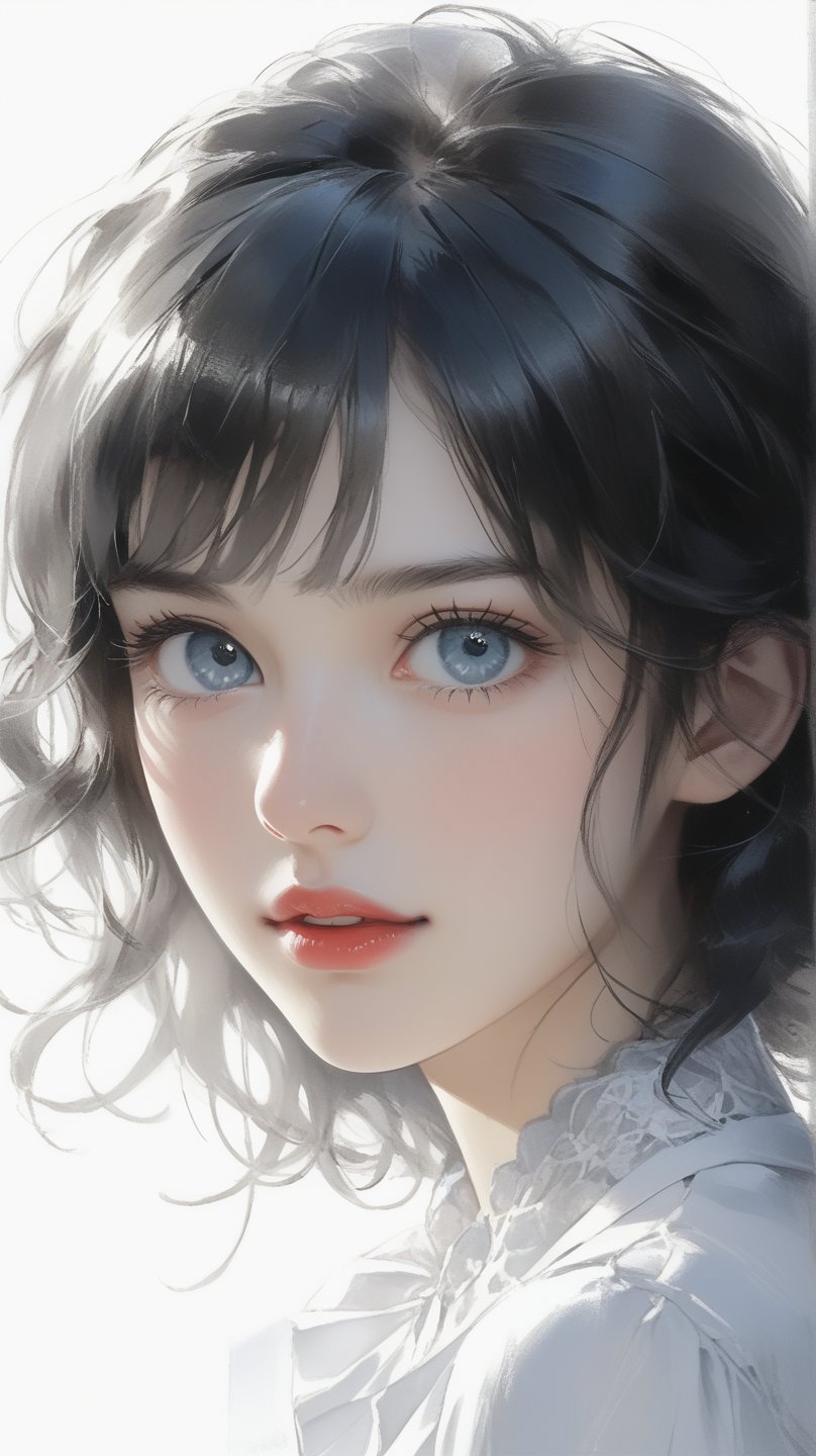 Sketch of a beautiful girl, shy Chuckle smile, ((18 years old korean girl)), ((a beautiful girl with clear blue eyes)), portrait, soft light-red lips, black hair, illustration art, soft light, detailed, strong grayscale, elegant, high contrast, with thin lines Add soft blur, sketch of a beautiful girl, portrait of Charles Miano, ((full body shot)), strong  backlight, ,zavy-hrglw, niji5,aesthetic portrait,jyojifuku,anica_teddy