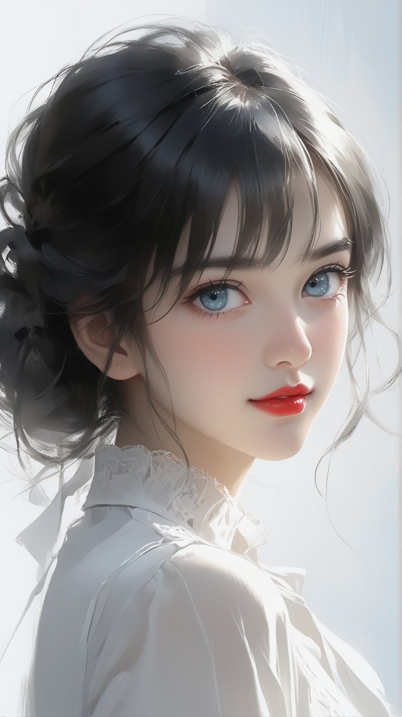 Sketch of a beautiful girl, shy Chuckle smile, ((18 years old korean girl)), ((a beautiful girl with clear blue eyes)), portrait, soft light-red lips, black hair, illustration art, soft light, detailed, strong grayscale, elegant, high contrast, with thin lines Add soft blur, sketch of a beautiful girl, portrait of Charles Miano, ((full body shot)), strong  backlight, ,zavy-hrglw, niji5,aesthetic portrait,jyojifuku,anica_teddy