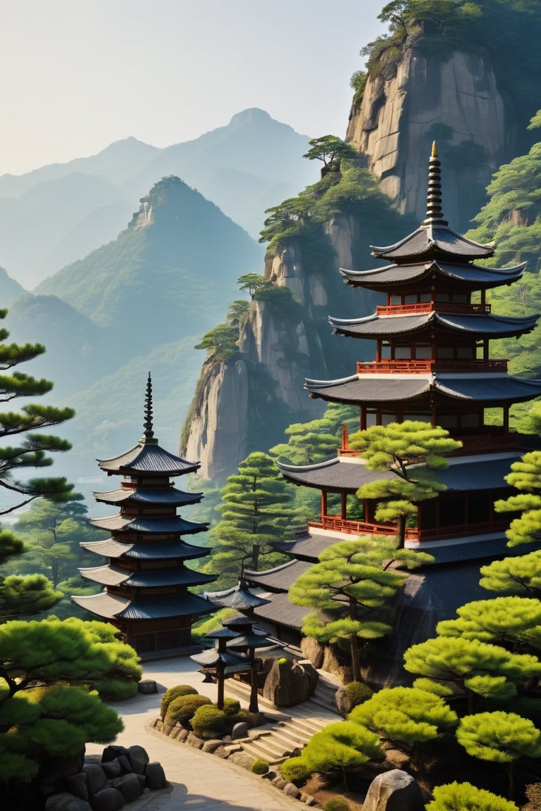 outdoors, tree, no humans, bird, scenery, rock, mountain, architecture, east asian architecture, pagoda,  samurai warrior pilgrim to the the temple
