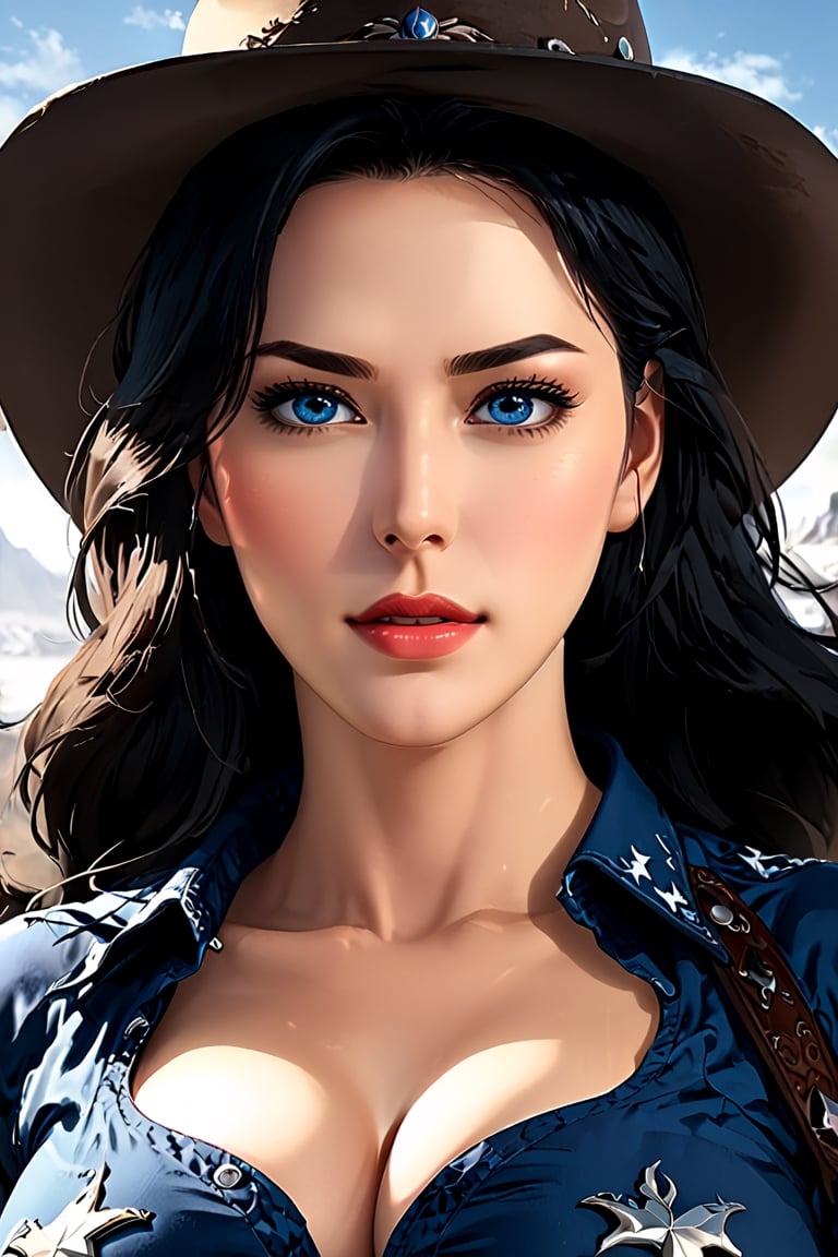 ((masterpiece, best quality, highres, 8k)), (detailed illustration), ((beautiful eyes detailed:1.2)), ((cowboy shot)), ((big breasts)), ((perfect face:1.2)), 1girl, dark black hair, blue eyes, solo, looking at viewer, slight smile,niji5,lookism style,Questism style