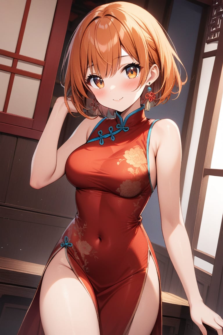 1girl, solo, breasts, looking at viewer, blush, smile, short hair, bangs, dress, bare shoulders, brown eyes, jewelry, medium breasts, closed mouth, thighs, cowboy shot, earrings, sleeveless, indoors, hand up, orange hair, orange eyes, bare arms, covered navel, sleeveless dress, chinese clothes, short dress, red dress, china dress, side slit, taut clothes, orange dress, taut dress, tight dress