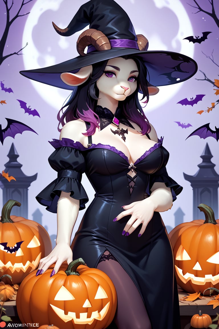 score_9, score_8_up, score_7_up, goat, ((furry female)), goat horns, purple eyes, long black hair with purple highlights, She wears a black witch dress, she wears a black witch hat, She is surrounded by Halloween pumpkins, Her hands are empty, her hands are perfect, purple nails, perfect hand, more detail XL,