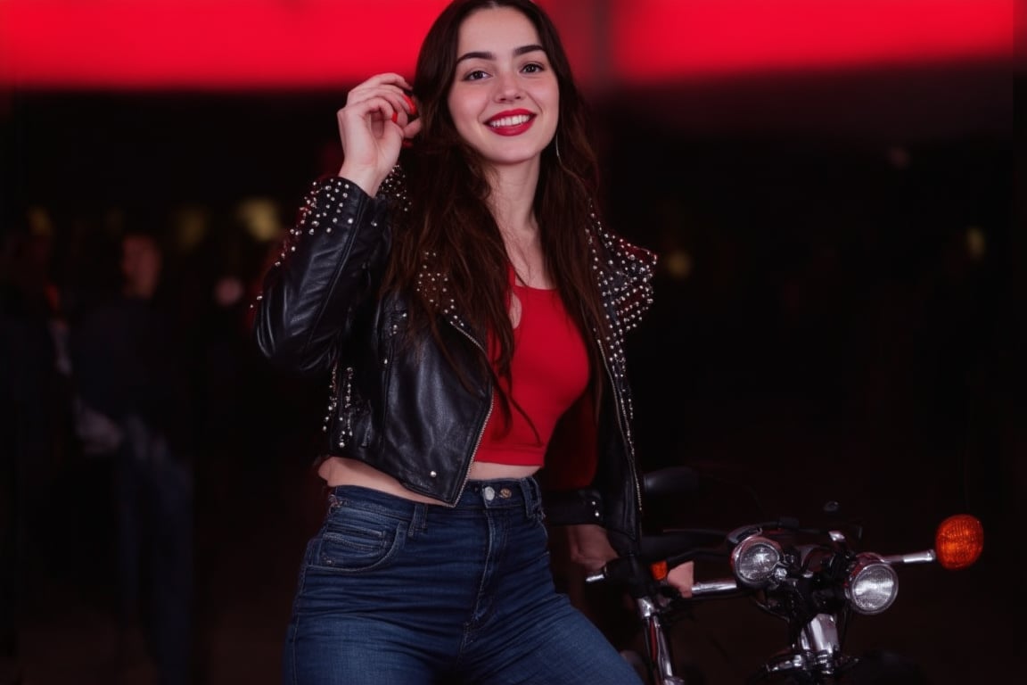 “Visualize a 24-year-old beautiful girl standing next to a sleek motorcycle outside a vibrant nightclub. She has a medium build, standing at 5’7”, with 34 size breasts. Her long, dark brown hair is styled in soft waves that cascade down her back, with a few strands playfully tucked behind her ear. Her face features a confident smile, with perfectly shaped eyebrows accentuating her bright, expressive eyes that shimmer in the red and dim club lights. Her lips are painted a bold shade of crimson, adding to her striking appearance.

She wears a fitted black leather jacket that hugs her figure, layered over a stylish, form-fitting red top that complements the ambient lighting. Her high-waisted black jeans are adorned with subtle silver studs, and she completes her look with sleek ankle boots that add a touch of edge. One hand rests casually on the bike’s seat, while the other playfully tucks her hair behind her ear, showcasing her perfectly manicured nails painted in a glossy black.

The nightclub’s vibrant red and dim lights create a moody atmosphere, casting dramatic shadows that highlight her features. The background is filled with soft glows of neon lights and silhouettes of clubgoers, creating a lively yet intimate setting. The shot is captured using a Canon EOS R6 with a 35mm f/1.4 lens, focusing sharply on her while softly blurring the background to enhance the club’s energetic vibe.
