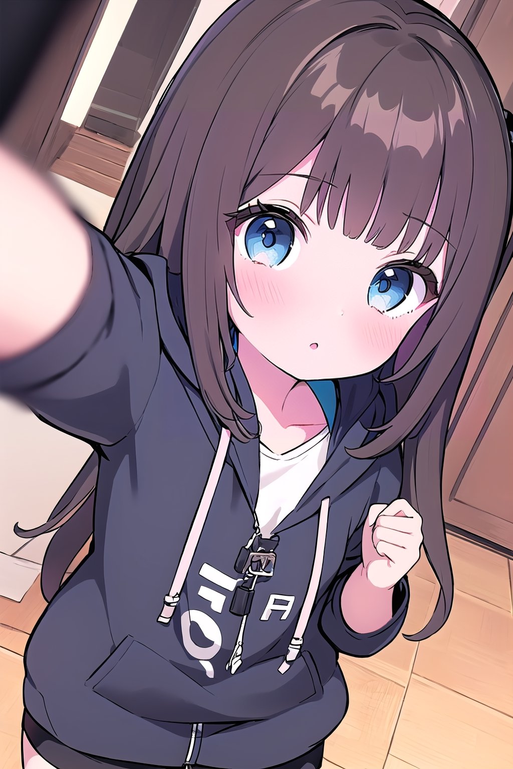 chibi, 1girl, selfie, Instagram selfie, super long and soft and silky dark brown hair, dark blue eyes, 3 foot long dark brown hair, full black drawstring hoodie, black shorts, in house