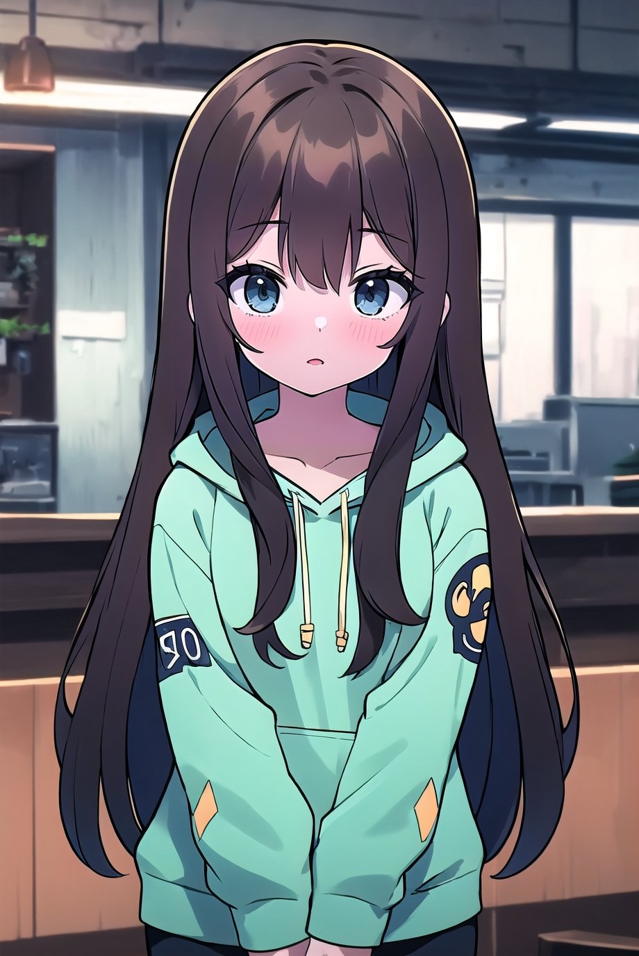 hd, HDR, UHD, 4k, 2k, 6k, 8k, ultra HD, high graphics, best graphics, highest quality, best quality, ultra quality, stunning details, adult, 1girl, dark brown hair, long hair, bushy hair, dark blue eyes, long dark brown hair, wearing all black drawstring hoodie, long_hair, longhair, bushy hair, :)