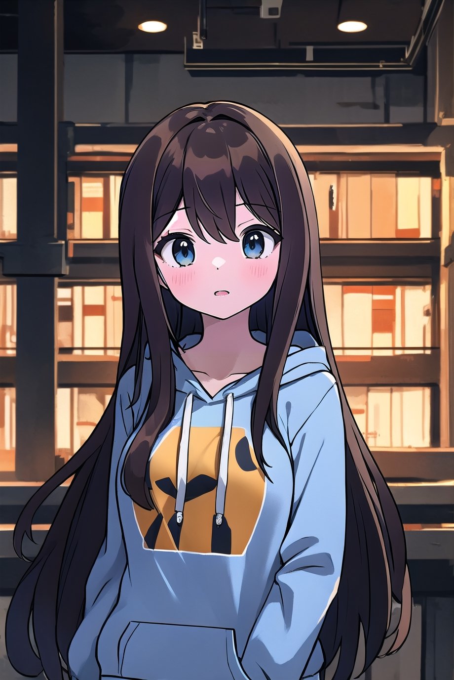 hd, HDR, UHD, 4k, 2k, 6k, 8k, ultra HD, high graphics, best graphics, highest quality, best quality, ultra quality, stunning details, adult, 1girl, dark brown hair, long hair, bushy hair, dark blue eyes, long dark brown hair, wearing all black drawstring hoodie, long_hair, longhair, bushy hair, :)