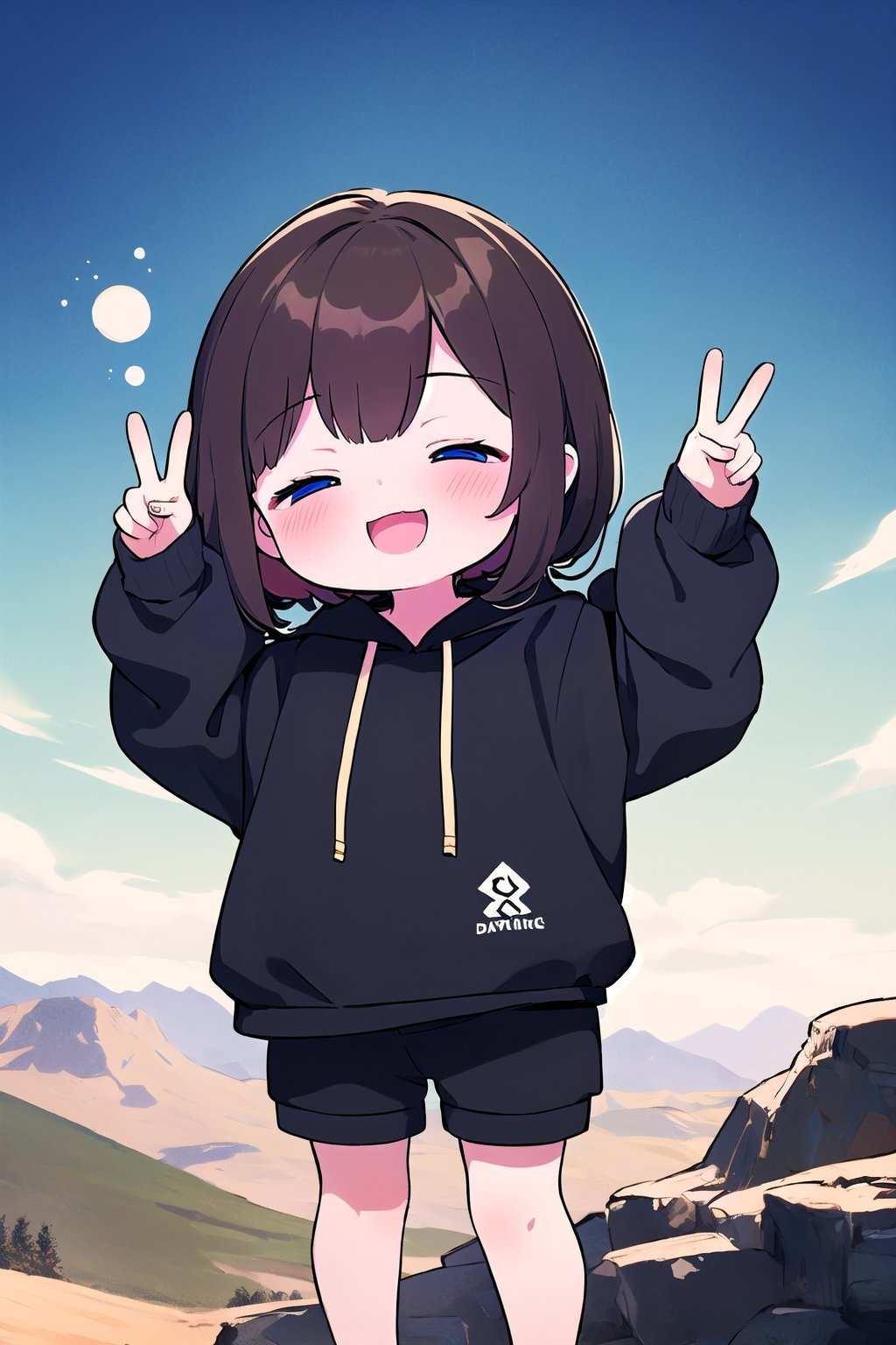 High quality, chibi, 1girl, straight shot, fisheye lens, dark blue eyes, lots of long dark brown hair, wearing all black drawstring hoodie, black shorts, double peace sign, fully closed eyes, super happy expression, mountains, cliff