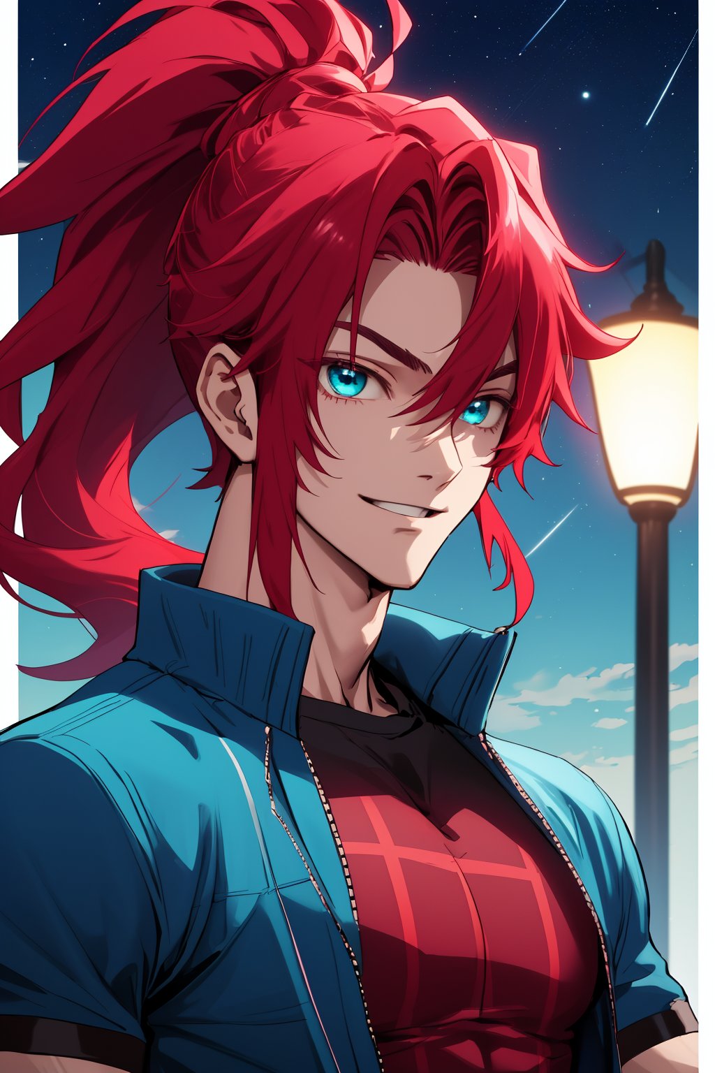 
Highly detailed.High Quality.Masterpiece. Beaitiful (close-up).

Young man of 25 years old, similar to Kusuri, dark skin, tall and with a great physique (muscular). His hair is reddis-pink (redder), wavy, messy, short (very short) and a really short ponytail. It has big and turquoise color eyes. He has a red plaid jacket with some black details, red armbands, short Black t-shirt. He is alone, but with a slight smile on his face enjoying a beautiful starry sky (night) in Empire state.