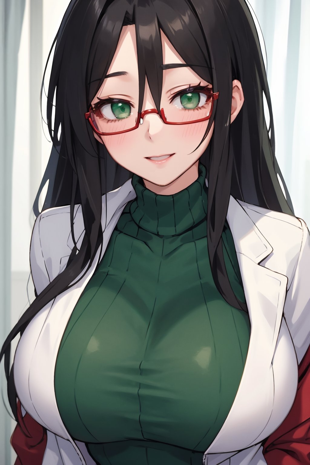 
Highly detailed.High Quality.Masterpiece. Beaitiful (mid close-up).

Woman, 30 years old,tall, Similar to Chisato, light skin and really good physical condition. She has giant chest. Her hair is black, and long. She has big green eyes and red glasses. She wears a white jacket with a dark green sweater underneath. She is alone but with a slight simile in her face, in a hospital.