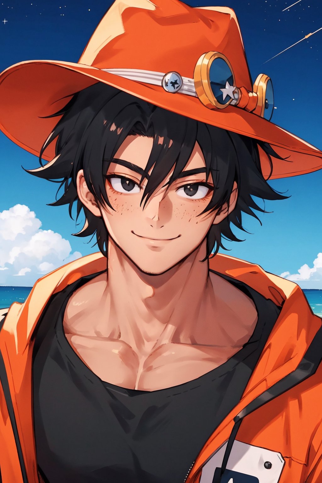 
Highly detailed.High Quality.Masterpiece. Beaitiful (close-up).

25-year-old man, tanned skin, with freckles, tall and with a great physique (very muscular). His totally black hair, curly, messy and short (very short). He has big black eyes. His clothing consists of a black sweatshirt with red stripes and an orange pirate hat. He is alone, but with a slight happy smile on a beach full of stars (it is daytime). Similar to Ace and Goku.