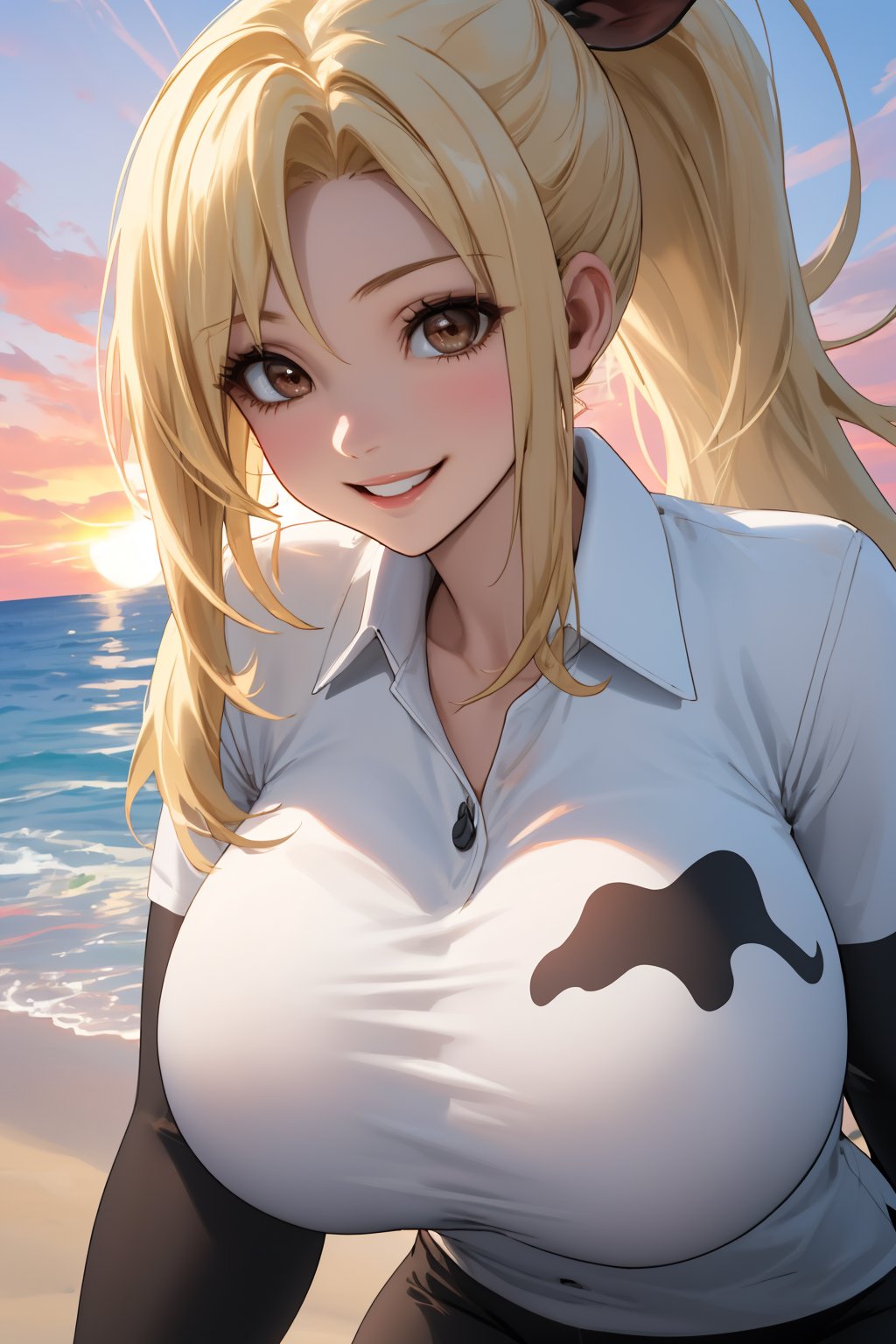 
Highly detailed.High Quality.Masterpiece. Beaitiful (mid close-up).

Young woman, 22 years old, light skin and good physical condition. Her hair is blonde and long (with a ponytail). He has large light brown eyes. It's the same outfit as Lucy (cow ears, white shirt with a cow print, and black pants). She has giant breasts (really giant), she is alone, but with a happy smile on her face enjoying a beautiful sunrise sky on a beach.