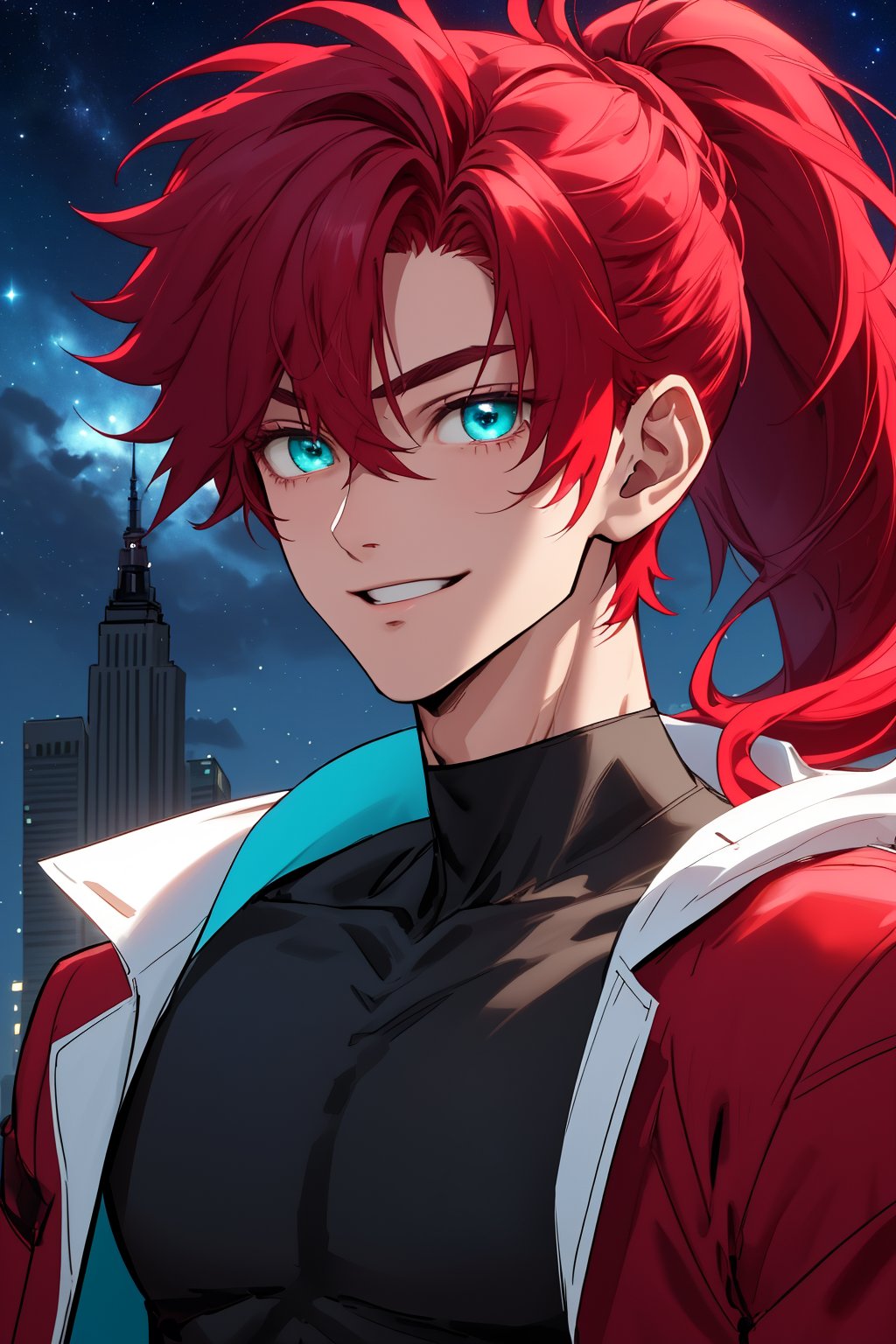 
Highly detailed.High Quality.Masterpiece. Beaitiful (close-up).

Young man of 25 years old, similar to Kusuri, dark skin, tall and with a great physique (muscular). His hair is reddis-pink (redder), wavy, messy, short (very short) and a really short ponytail. It has big and turquoise color eyes. He has a red plaid jacket with some black details, red armbands, short Black t-shirt. He is alone, but with a slight smile on his face enjoying a beautiful starry sky (night) in Empire state.