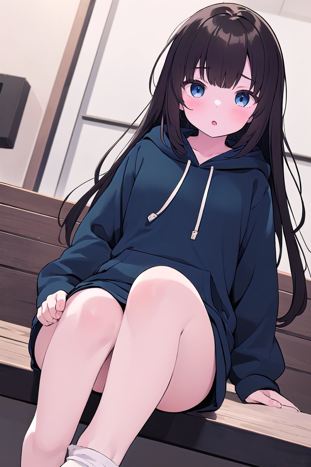 1girl, super long and soft and silky dark brown hair, dark blue eyes, full black drawstring hoodie