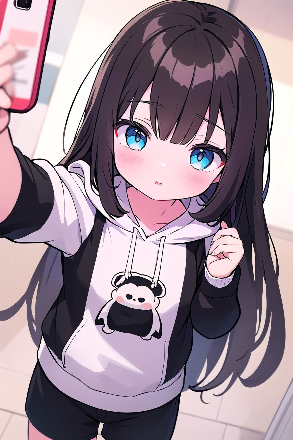 chibi, 1girl, selfie, Instagram selfie, super long and soft and silky dark brown hair, dark blue eyes, 3 foot long dark brown hair, full black drawstring hoodie, black shorts, pastelbg