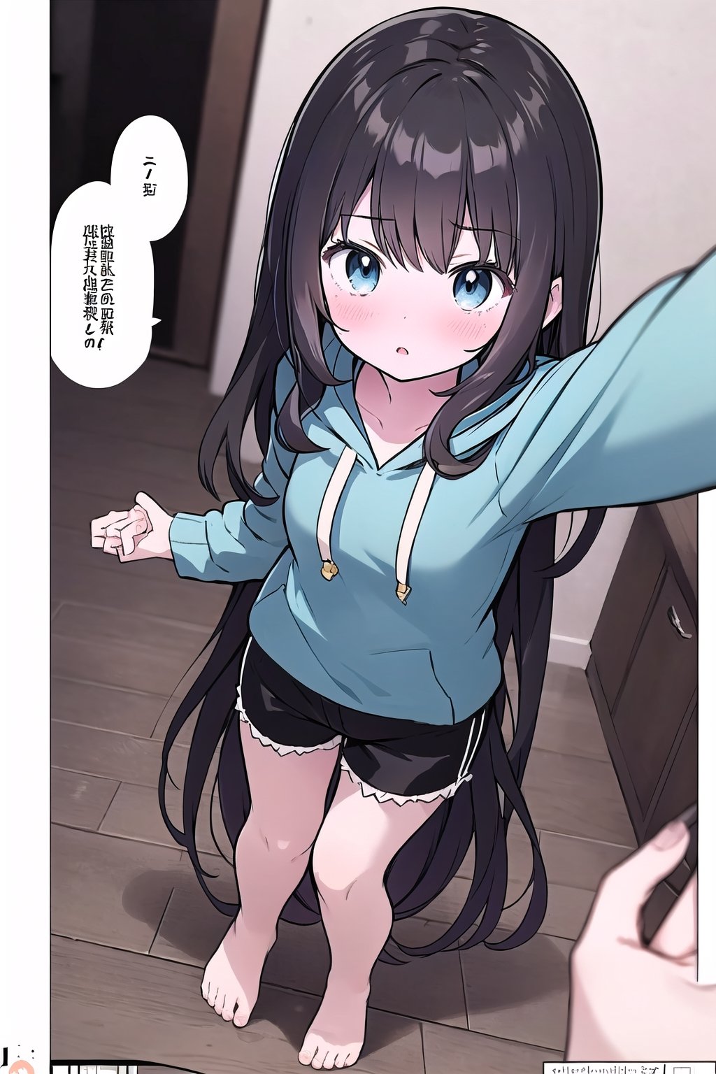 chibi, 1girl, selfie, Instagram selfie, super long hair, bushy hair, messy hair, dark chocolate color hair, dark blue eyes, 3 foot long dark brown hair, full black drawstring hoodie, black shorts, in house, different angle shots, adult,manga,comic