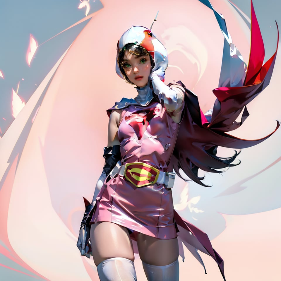 realistic photography, 1 American-Japanese mixed-race gir, 16 years old, Jun ,Gatchaman, 168cm((Jun opens arms, and wind blow Jun high ), lanky, wearing a swan-head-like helmet with a transparent glass plate like a beak covered the front face,on loak with jagged shapes in the end, pink superhero-like mini skirts suit, naturally sexy, {{masterpiece}}}, {{{best quality}}}, {{{ultra-detailed}}},(masterpiece, best quality, ultra-realistic )((exquisite make-up face)),(( beautiful face)),short hair,breasts,green eyes,lips,medium breasts,lipstick,white legwear,pink dress,superhero,bodysuit,cape,gloves,helmet,belt,elbow gloves,white gloves,mask,mini skirt, white thigh highs, skin tight, highres,white panty,whole body,ultra detailed, horny, innocent, cute and sweet and lovable yet erotic,